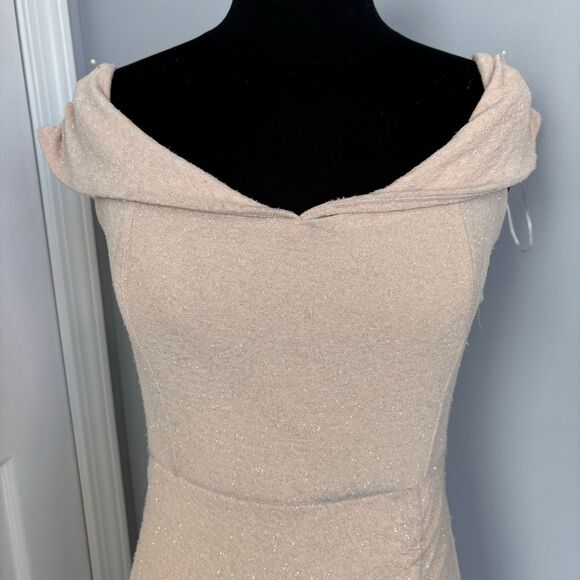 Windsor Off-Shoulder Champagne Glitter Evening Gown Side Slit Formal Dress - Picture 3 of 14